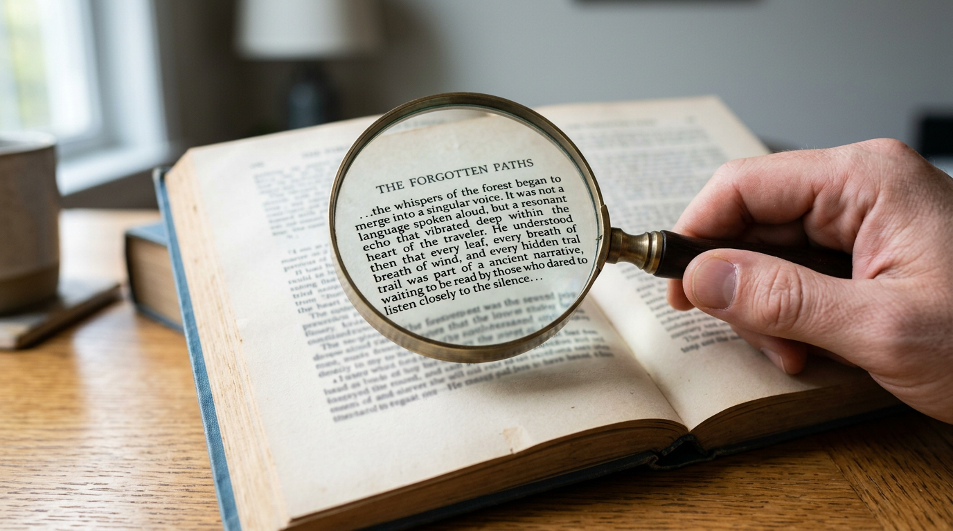 Magnifying glass over printed paragraph on paper