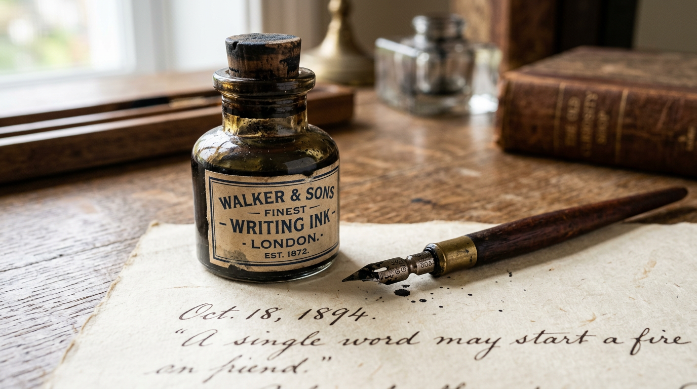 Vintage ink bottle with dip pen on paper