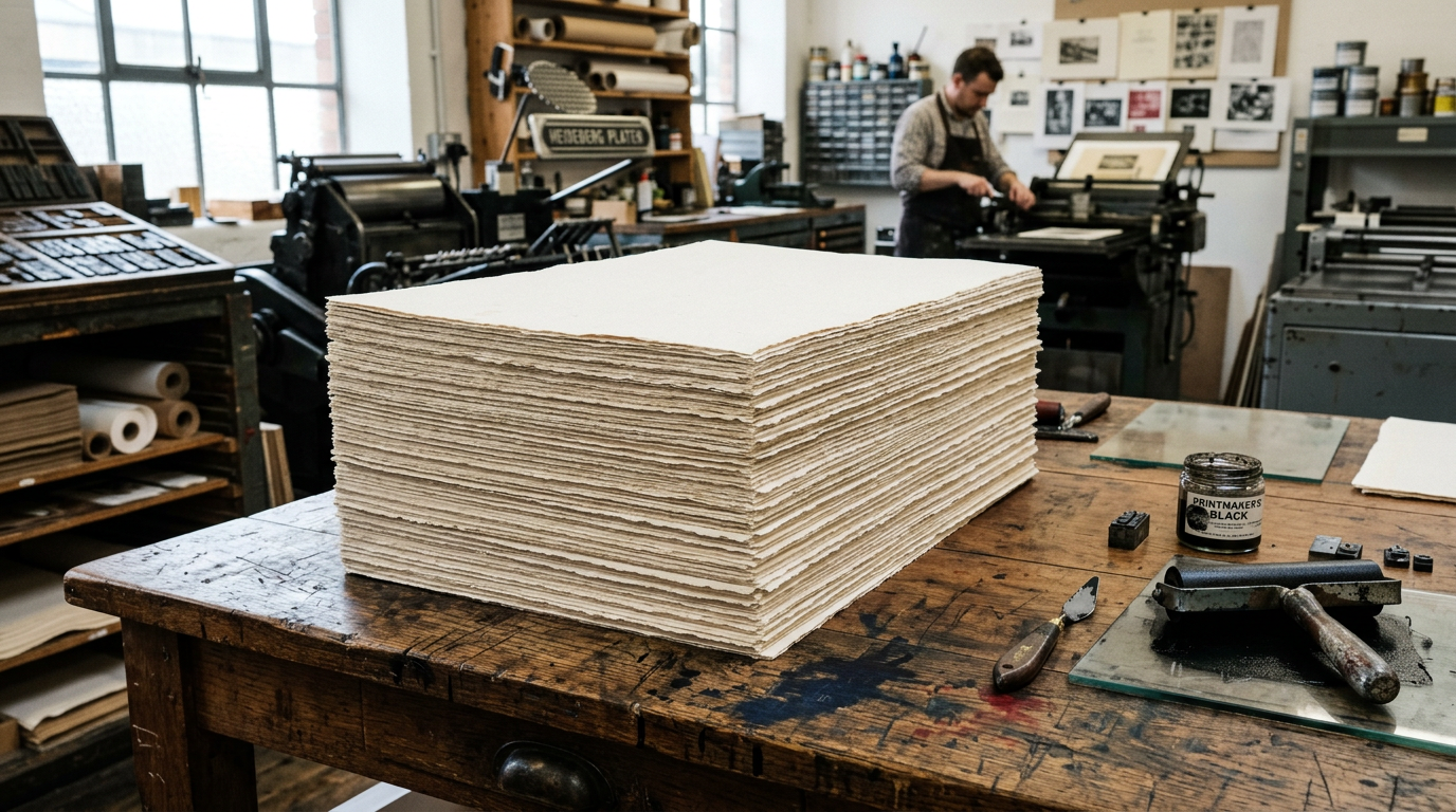Large paper folio sheets stacked on wooden table