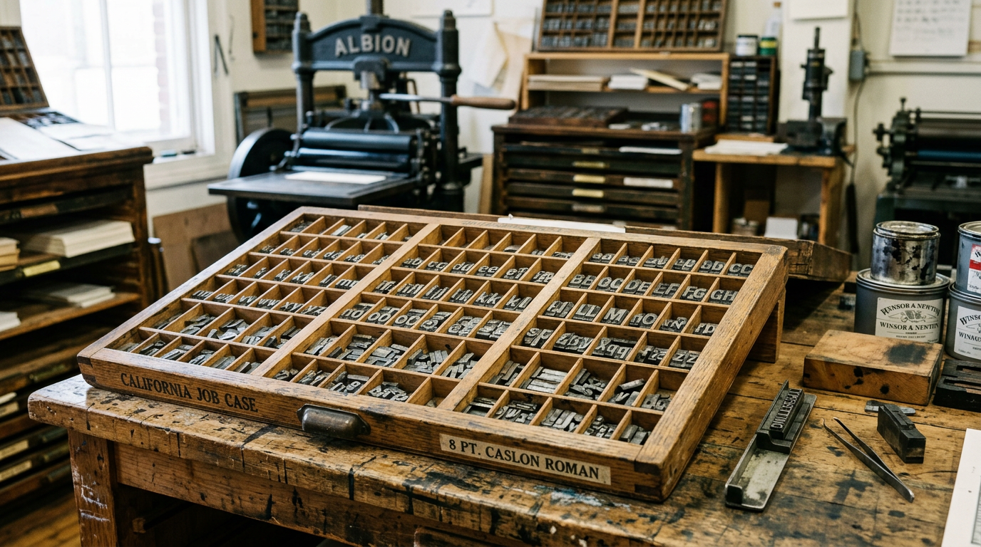 Wooden type case with sorted metal letters