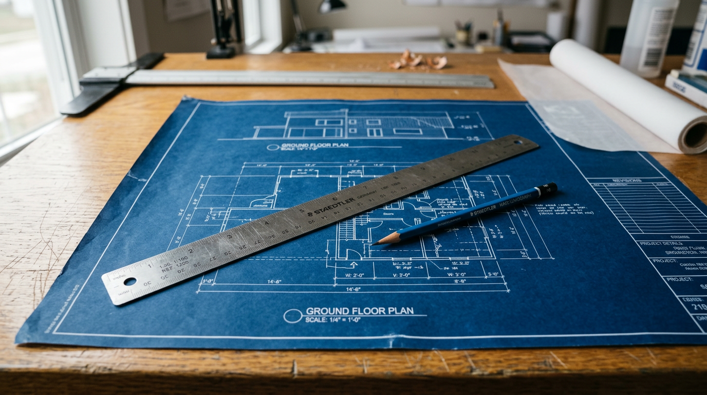 Metal ruler and pencil on blueprint sheet