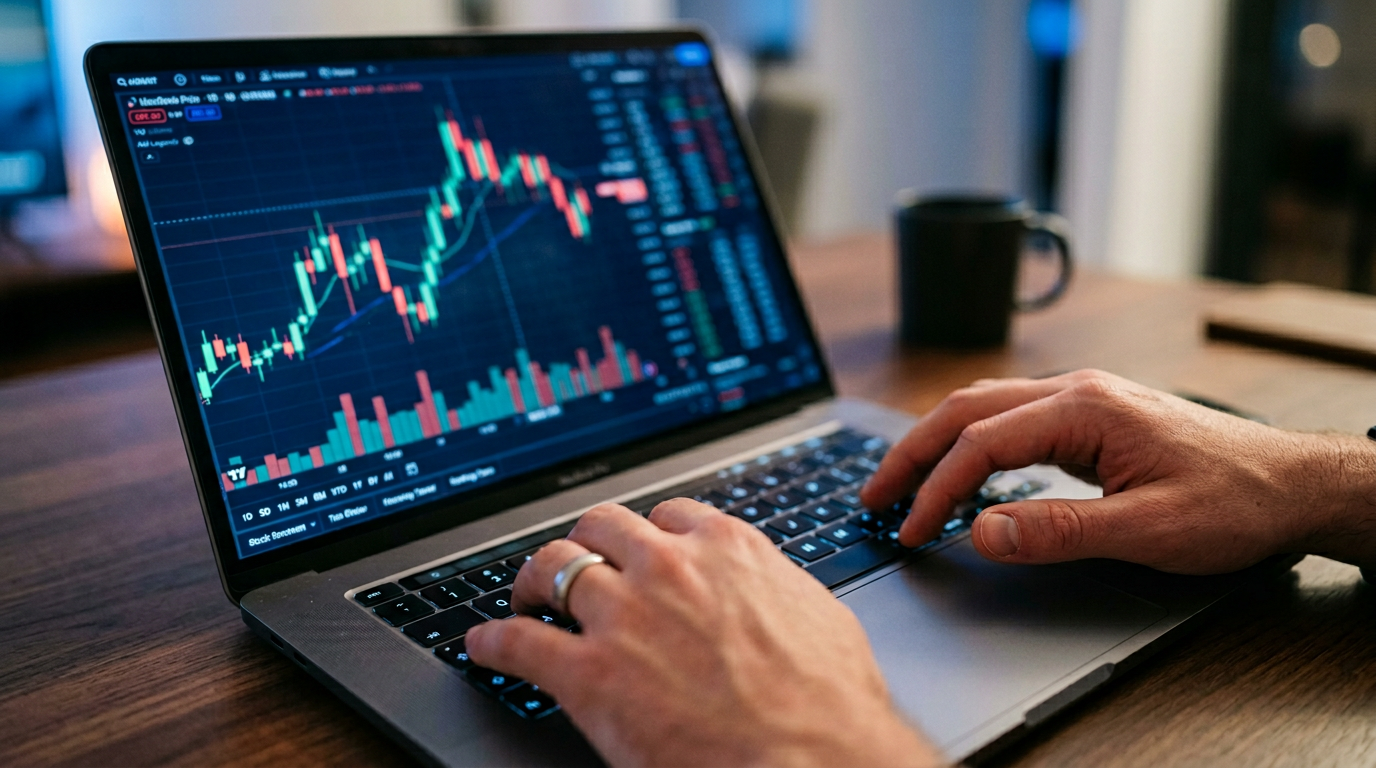 Laptop screen with blurred financial chart in blue light