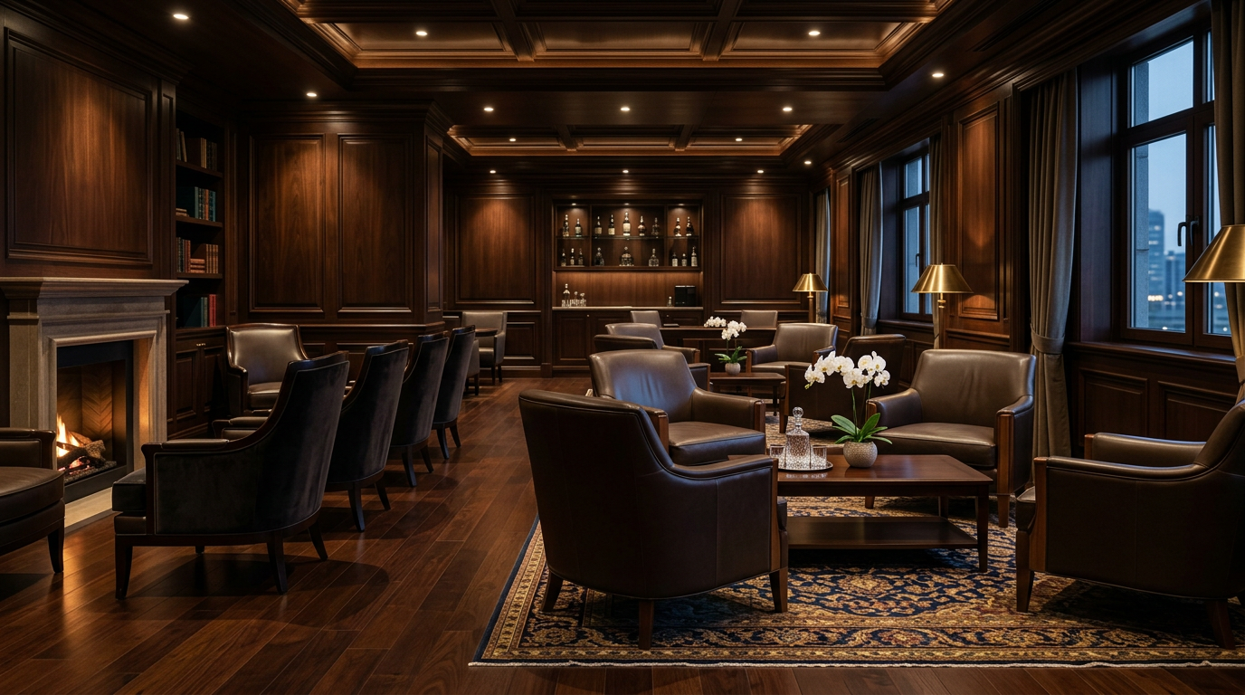 Private banking lounge with dark wood and soft lighting