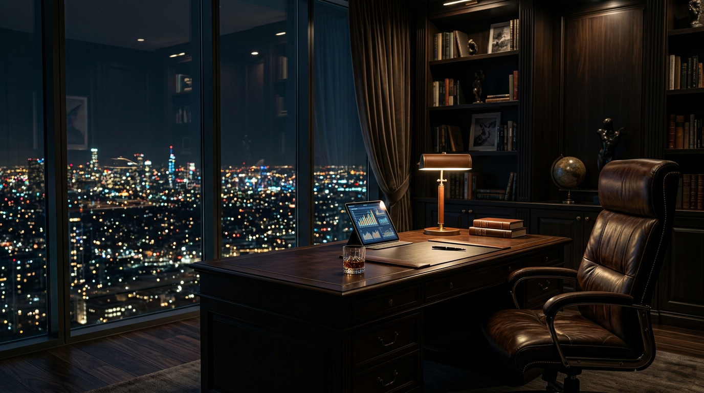Executive desk at night with city lights and tablet