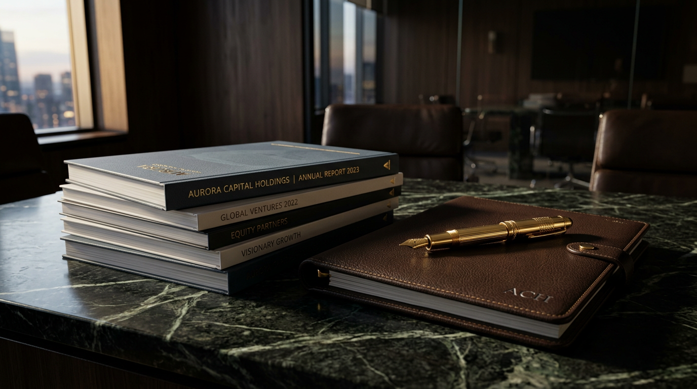 Annual reports and leather portfolio on dark marble